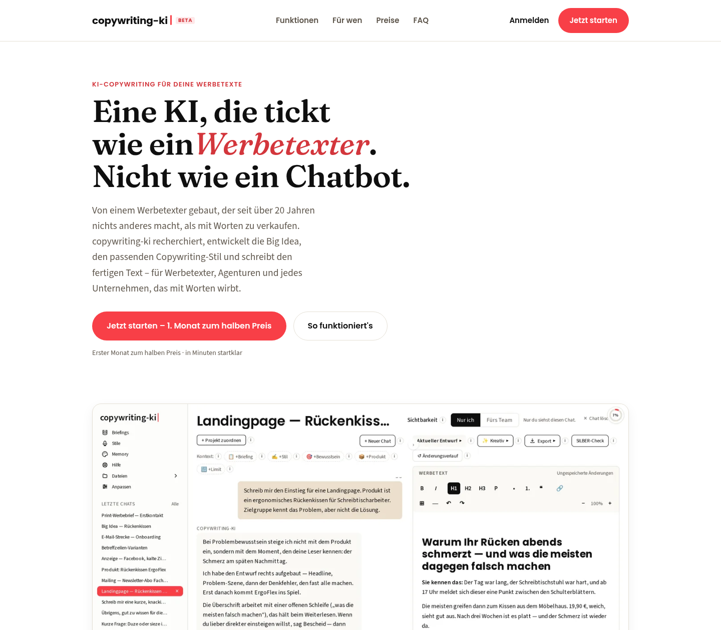 copywriting-ki Startseite mit Headline und Anmelde-CTA