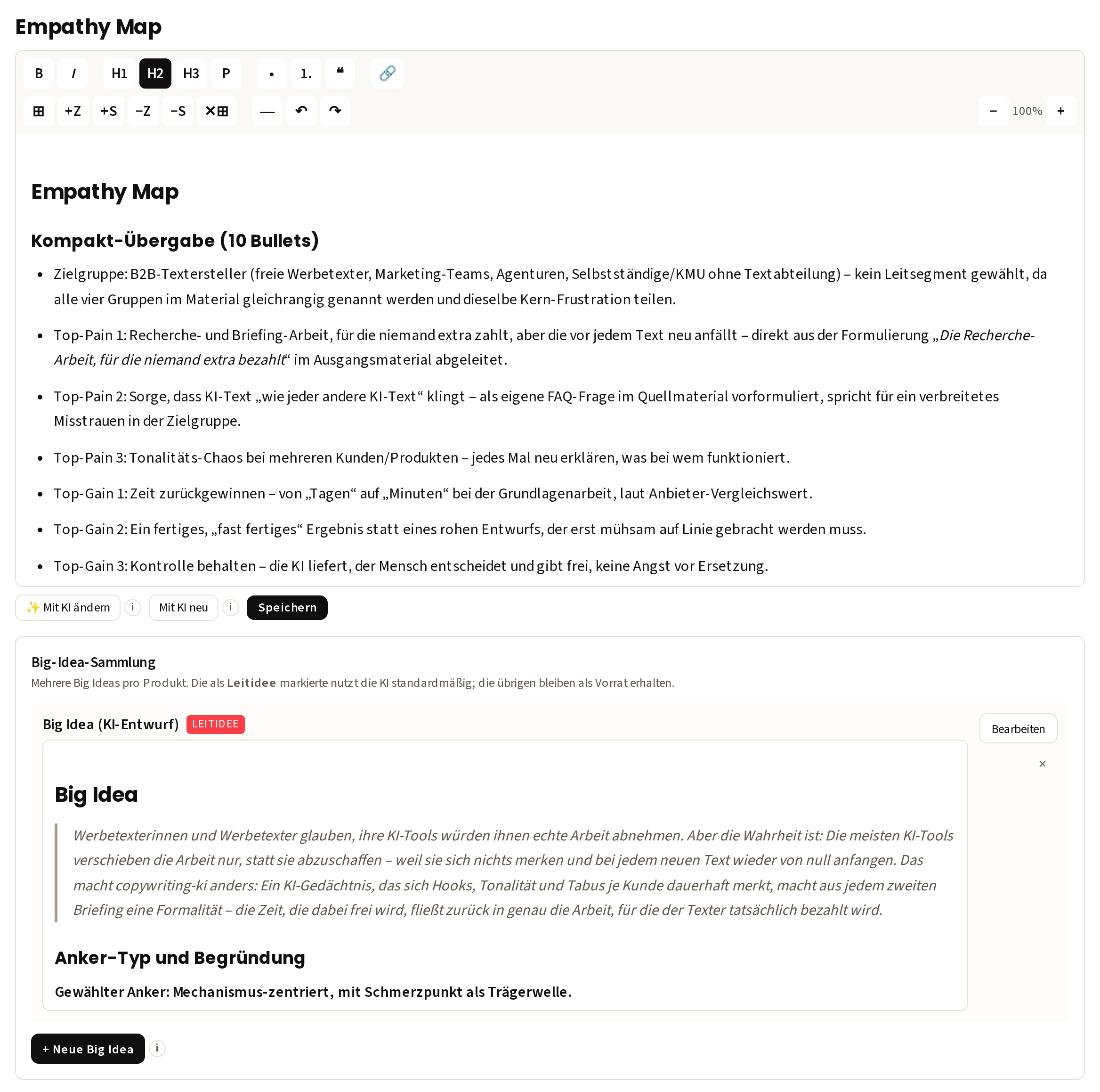 Briefing in copywriting-ki mit Empathy Map und Big Idea