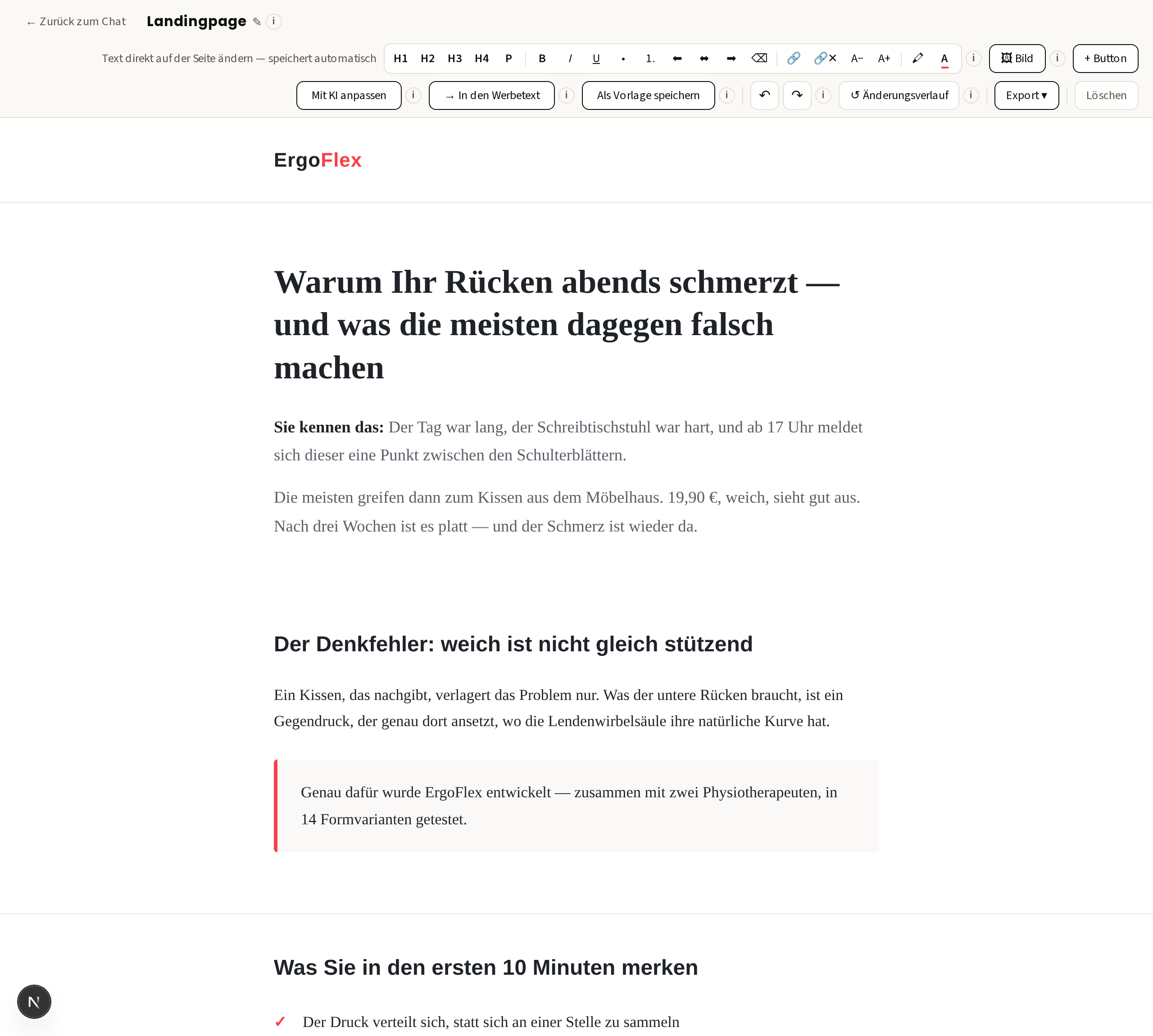Live-Editor von copywriting-ki mit fertigem Werbemittel