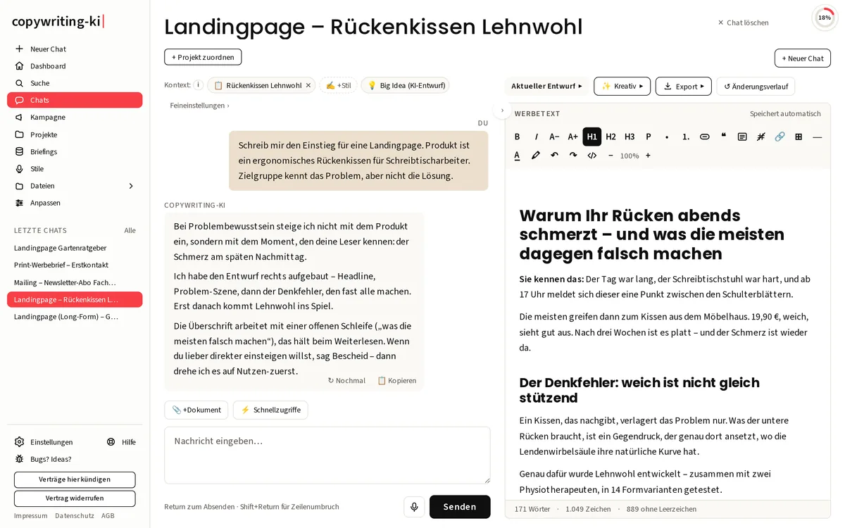 copywriting-ki Arbeitsbereich: links der Chat mit der KI, rechts der fertige Werbetext im Werbetext-Editor