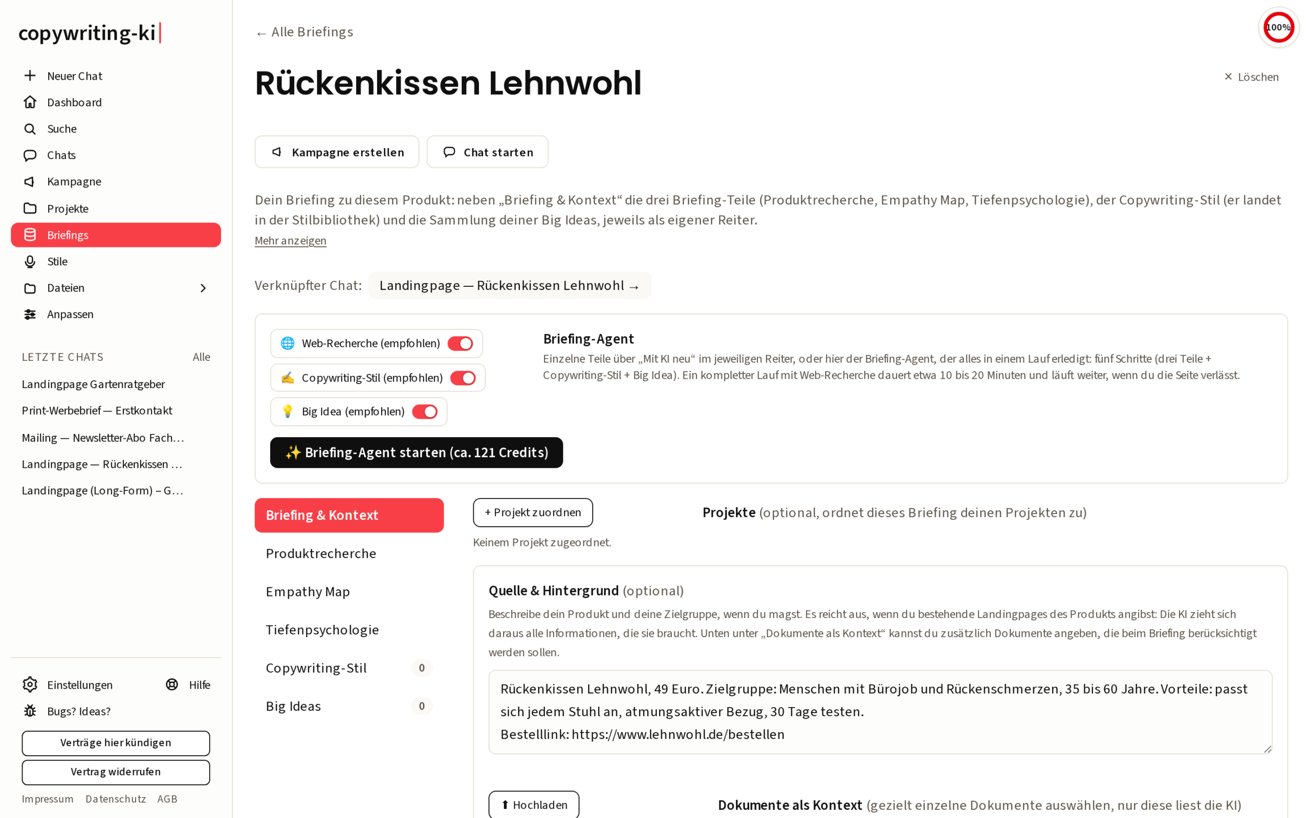 Briefing in copywriting-ki: oben der Briefing-Agent mit den Schaltern für Web-Recherche, Copywriting-Stil und Big Idea, links die Reiter Produktrecherche, Empathy Map, Tiefenpsychologie, Copywriting-Stil und Big Ideas