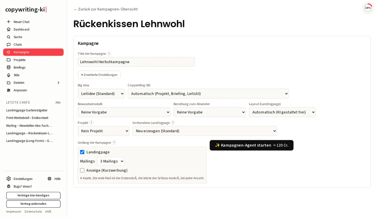 copywriting-ki-Kampagnen-Agent: Aus einem Briefing entsteht in einem Lauf das ganze Paket, mit Wahl von Big Idea, Copywriting-Stil, Layout und Umfang (Landingpage plus Mailings)