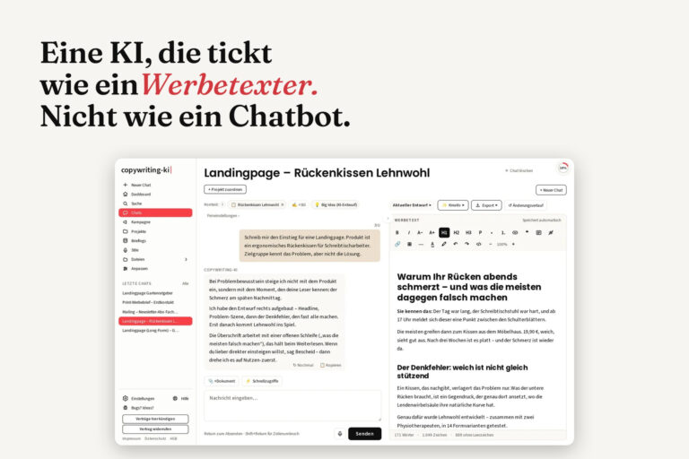 Headline „Eine KI, die tickt wie ein Werbetexter. Nicht wie ein Chatbot.“ über dem Arbeitsbereich von copywriting-ki mit Chat und Werbetext-Editor