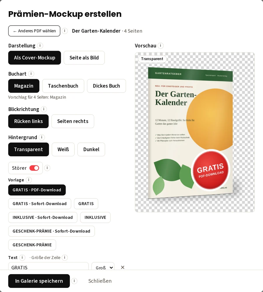 copywriting-ki-Dialog „Prämien-Mockup erstellen“: Aus dem PDF „Der Garten-Kalender“ entsteht ein Magazin-Cover mit rotem Störer „GRATIS · PDF-Download“, daneben die Wahl von Buchart, Blickrichtung, Hintergrund und Störer-Vorlage