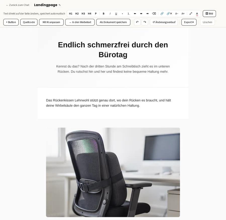 Werbemittel-Editor von copywriting-ki: oben die Bearbeitungsleiste, darunter eine fertig gestaltete Landingpage als fertiges HTML