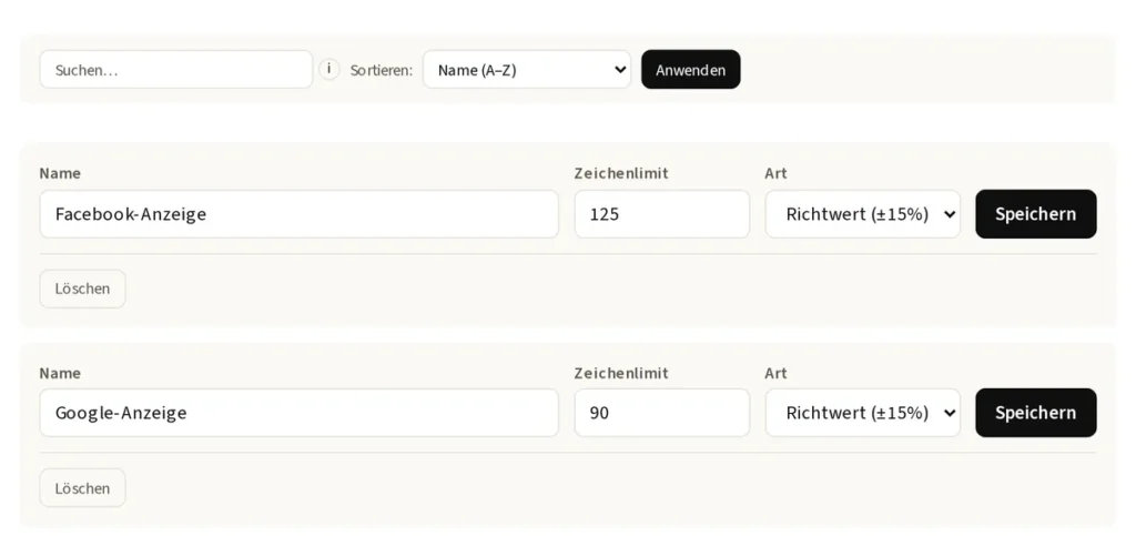 Zeichenlimits in copywriting-ki: Facebook-Anzeige mit 125 und Google-Anzeige mit 90 Zeichen, jeweils als Richtwert mit ±15 % Spielraum